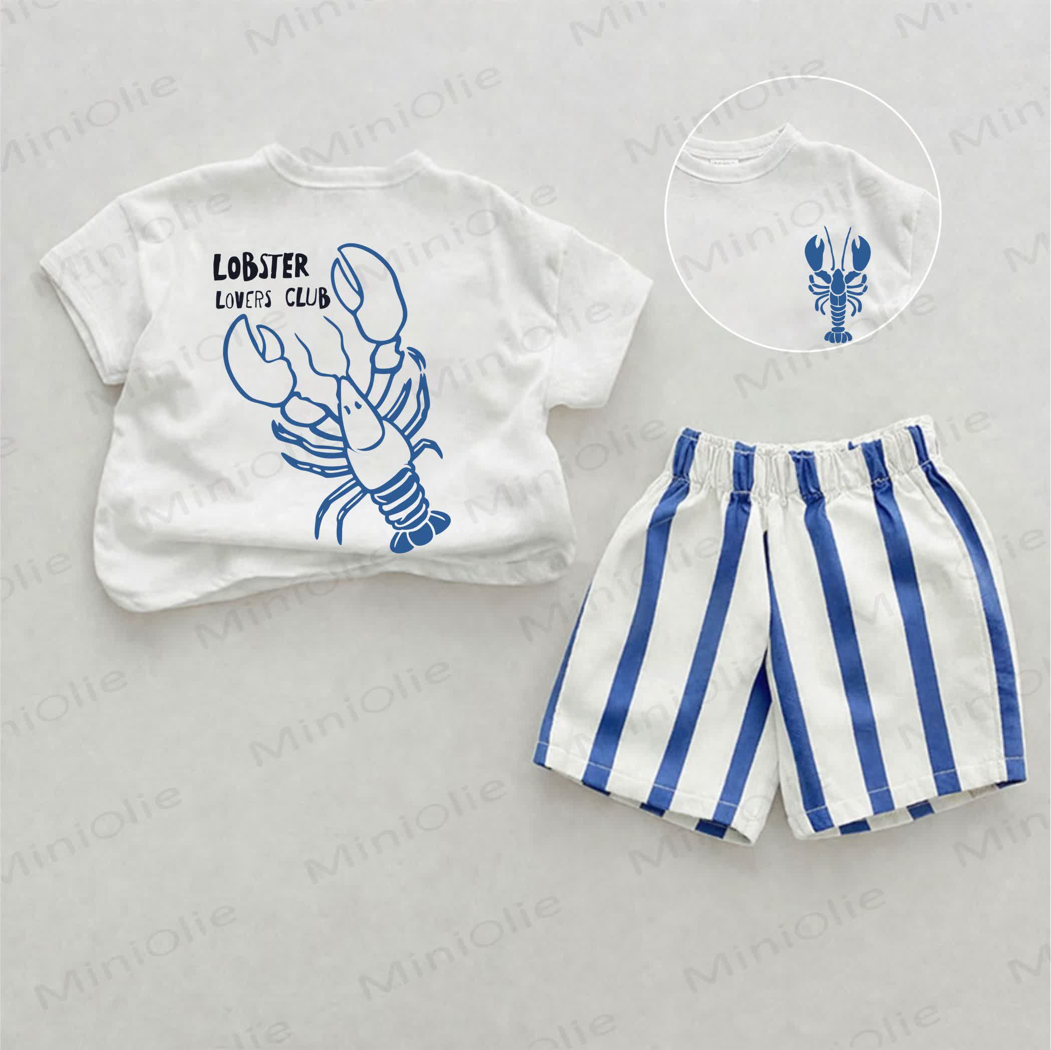 LOBSTER LOVERS CLUBベビーロブスタープリント ブルー 縦ストライプ ツーピースショーツセット - ホワイト＆ブルー - 2～3歳 - image 1