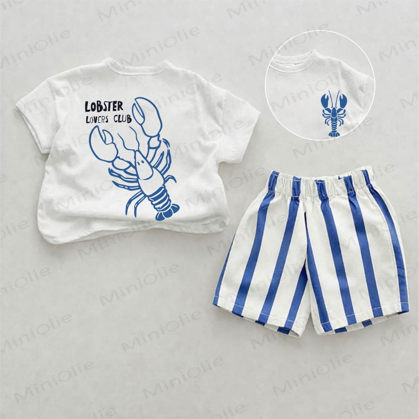 LOBSTER LOVERS CLUBベビーロブスタープリント ブルー 縦ストライプ ツーピースショーツセット - ホワイト＆ブルー - 2～3歳 - image 1