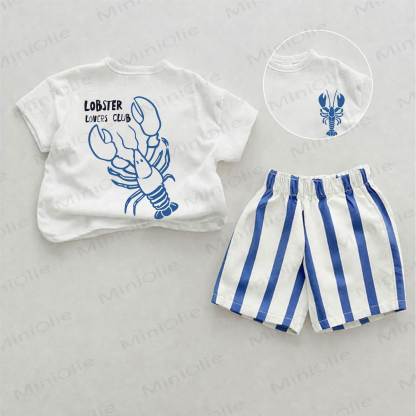LOBSTER LOVERS CLUBベビーロブスタープリント ブルー 縦ストライプ ツーピースショーツセット - ホワイト＆ブルー - 2～3歳 - image 1