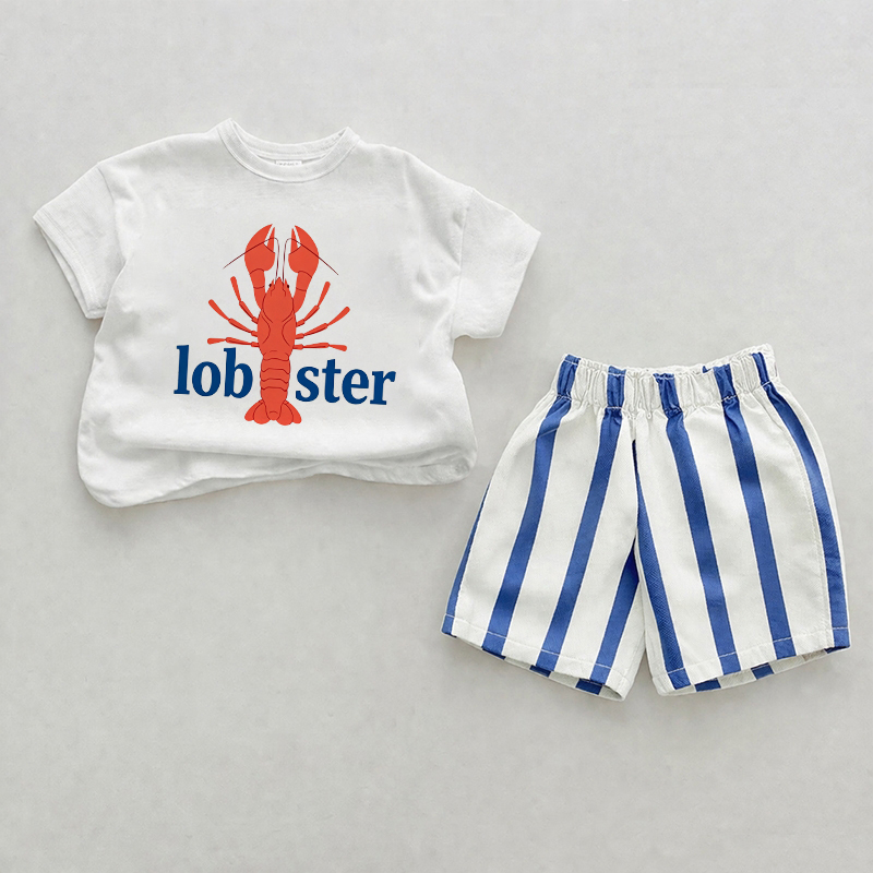 LOBSTERベビーブルー 縦ストライプ ツーピース ショートパンツセット - ホワイト＆ブルー - 2～3歳 - image 1