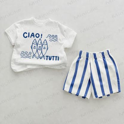 CIAO! TUTTIベイビーブルー フィッシュプリント 縦ストライプ 2点セット - ホワイト＆ブルー - 2～3歳 - image 1