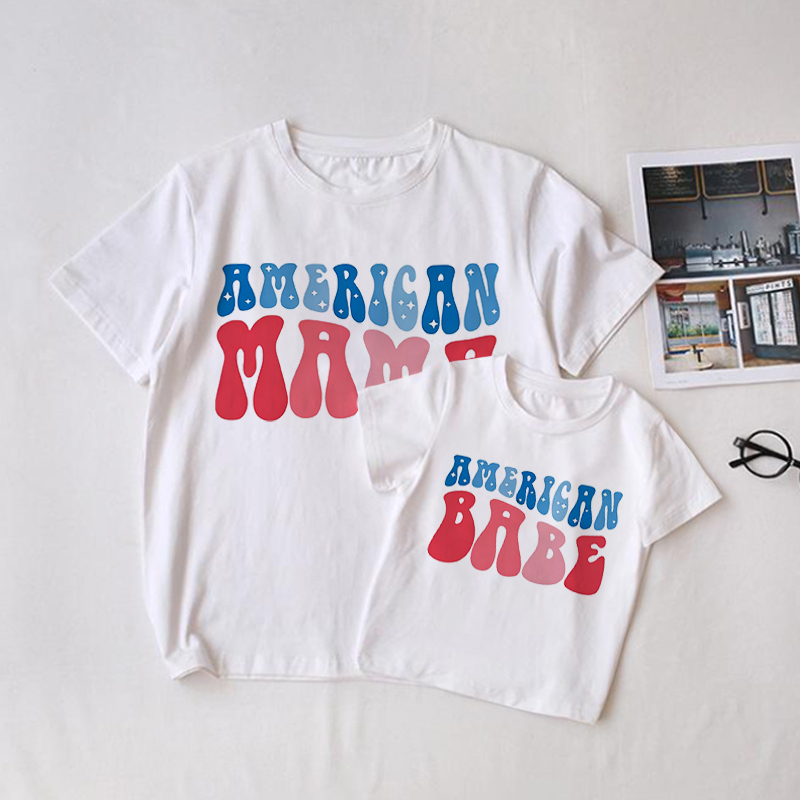 AMERICAN MAMA&BABEファミリーお揃いホワイトTシャツ - 白 - ベビーTシャツ: 3～5歳 - image 1