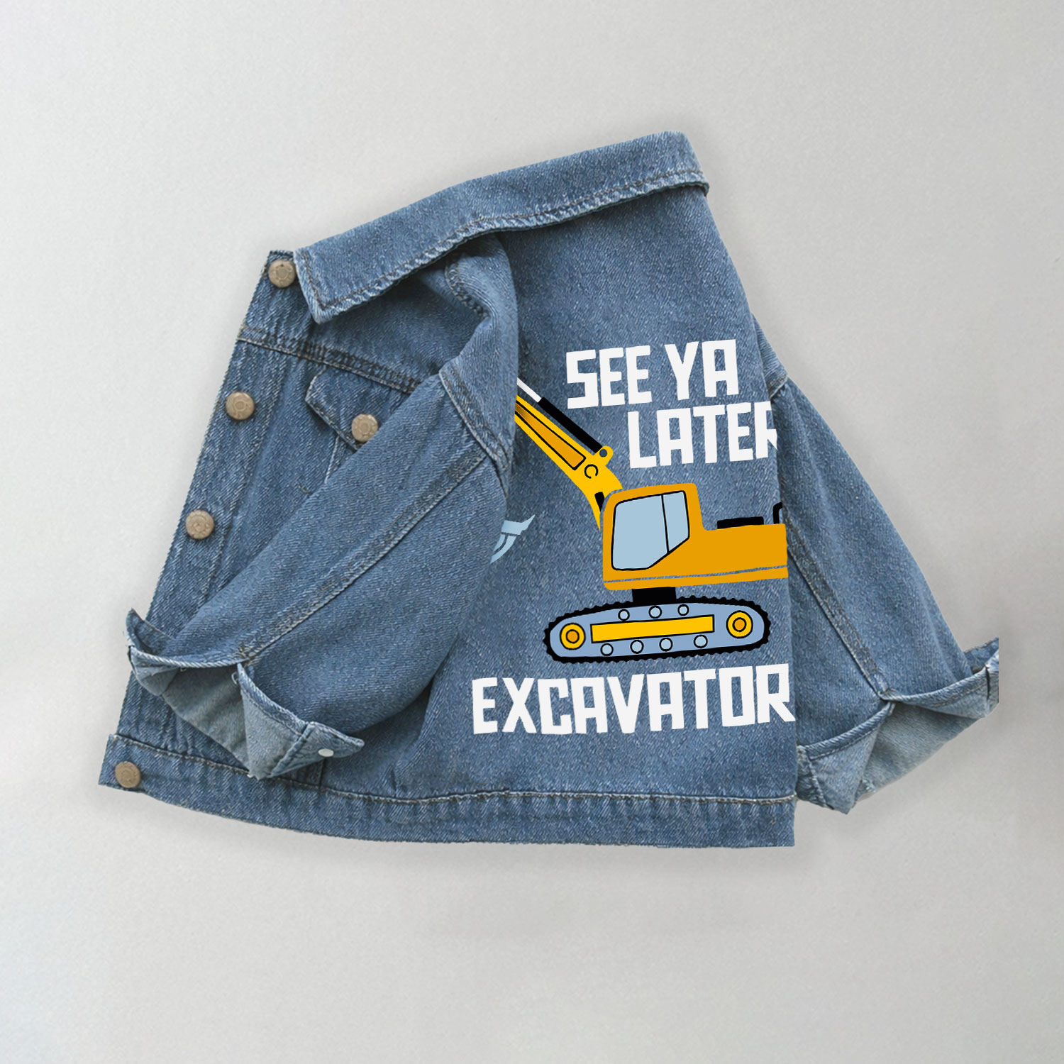 SEE YA LATER EXCAVATOR!幼児用ショベルカー柄デニムジャケット - 青 - 10-11歳 - image 1