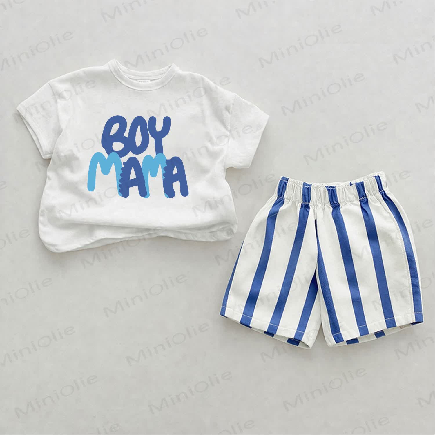BOY MAMAベビーブルー スローガン 縦ストライプ 2点セット - ホワイト＆ブルー - 2～3歳 - image 1