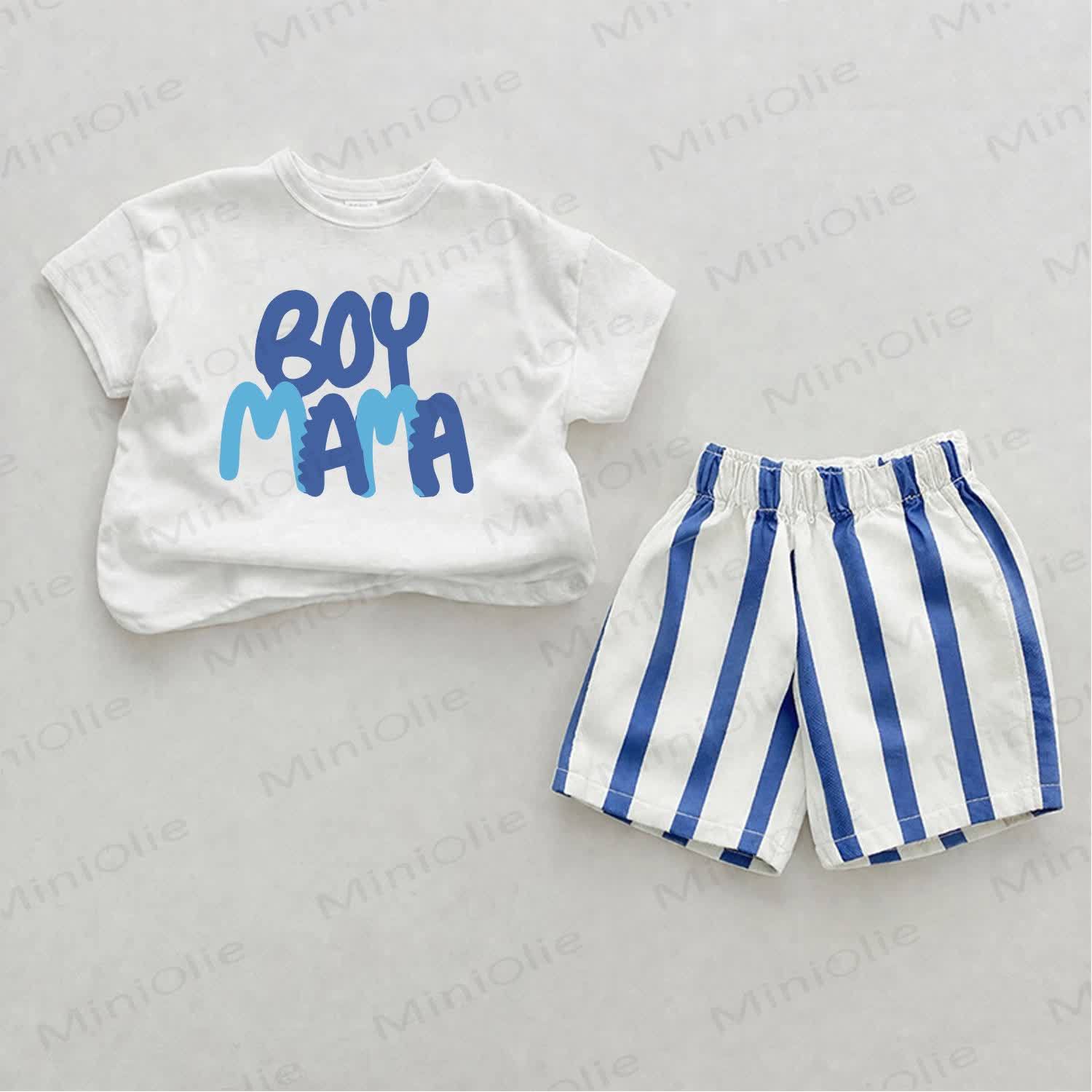 BOY MAMAベビーブルー スローガン 縦ストライプ 2点セット - ホワイト＆ブルー - 2～3歳 - image 1