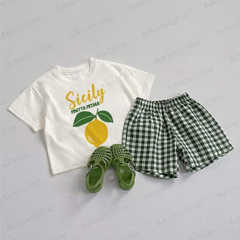ベビーレモンTシャツとグリーンチェック柄ショートパンツのツーピースセット - ホワイト＆グリーン - 3～5歳 - image 1