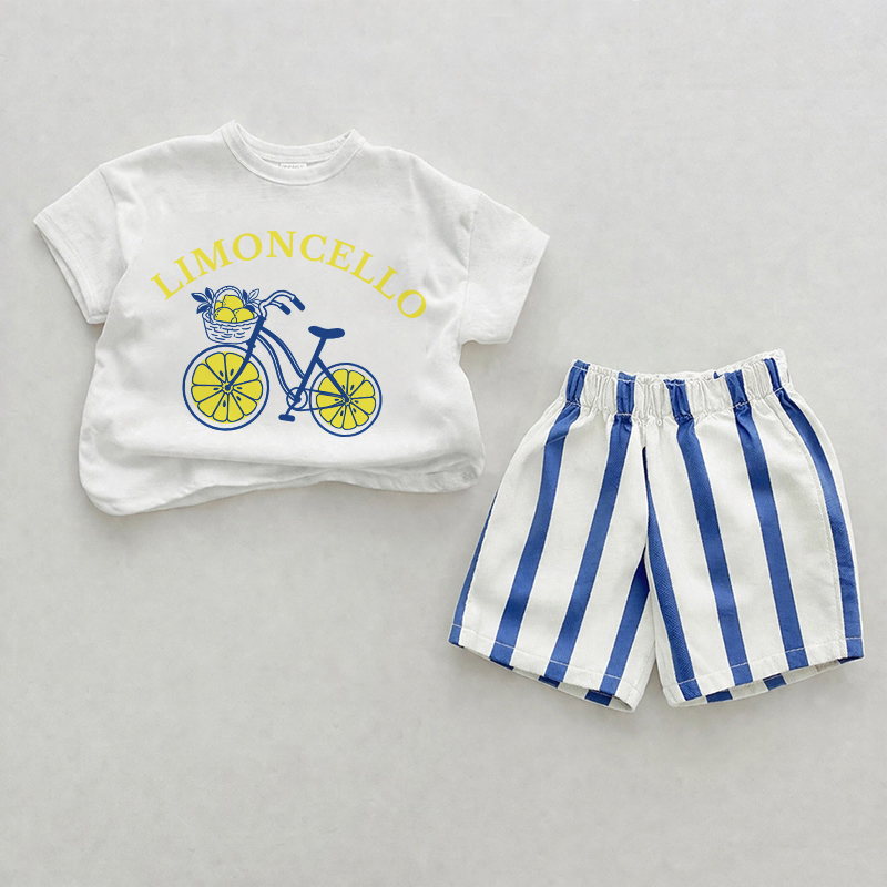 LIMONCELLOベビー用自転車柄 ブルー 縦ストライプ 2ピース ショートパンツセット - ホワイト＆ブルー - 2～3歳 - image 1