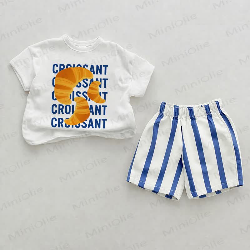 CROISSANT柄のベビー用ブルーストライプのショートパンツ2点セット - ホワイト＆ブルー - 2～3歳 - image 1