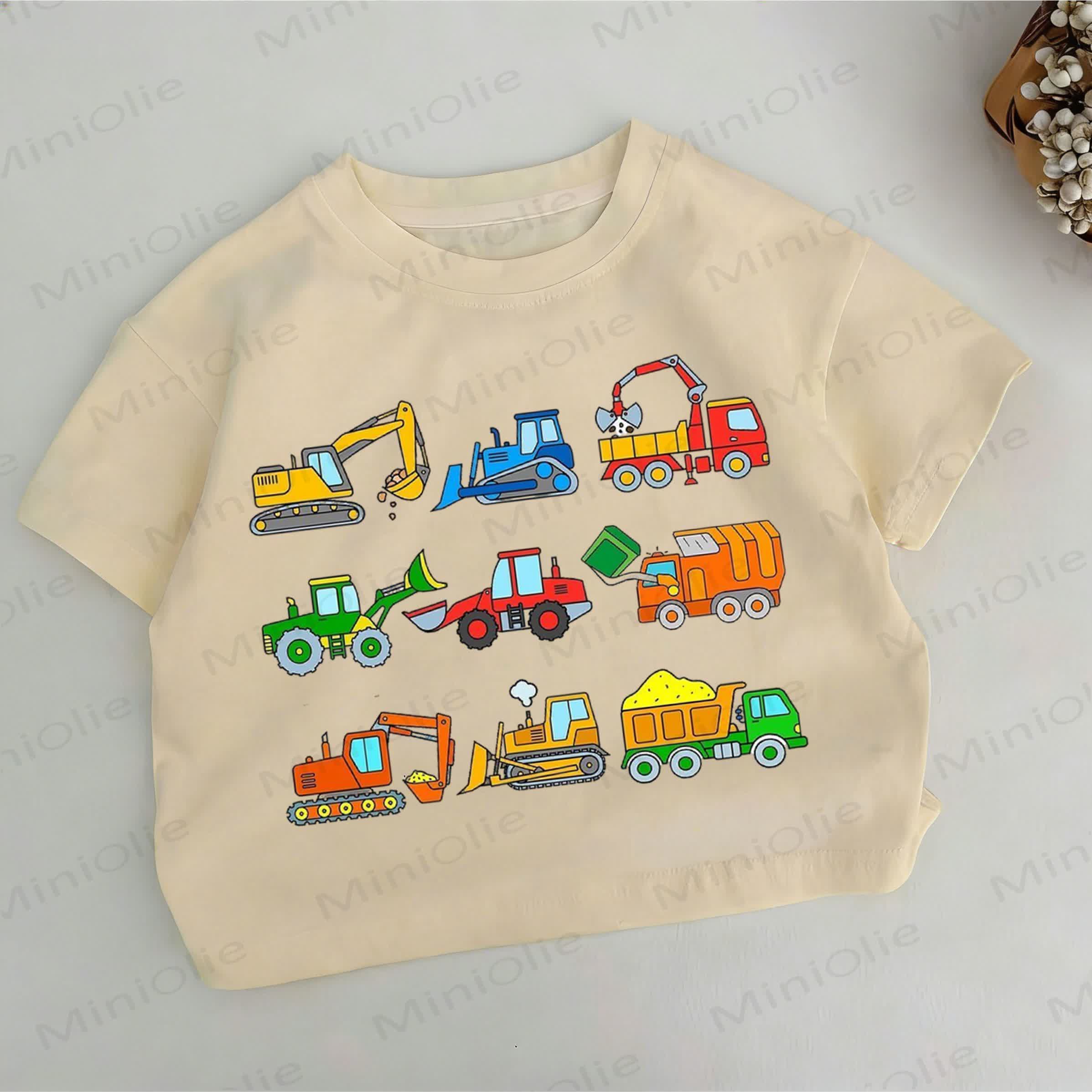 幼児男の子用ショベルカー柄カーキTシャツ - カーキ - 6～7歳 - image 1