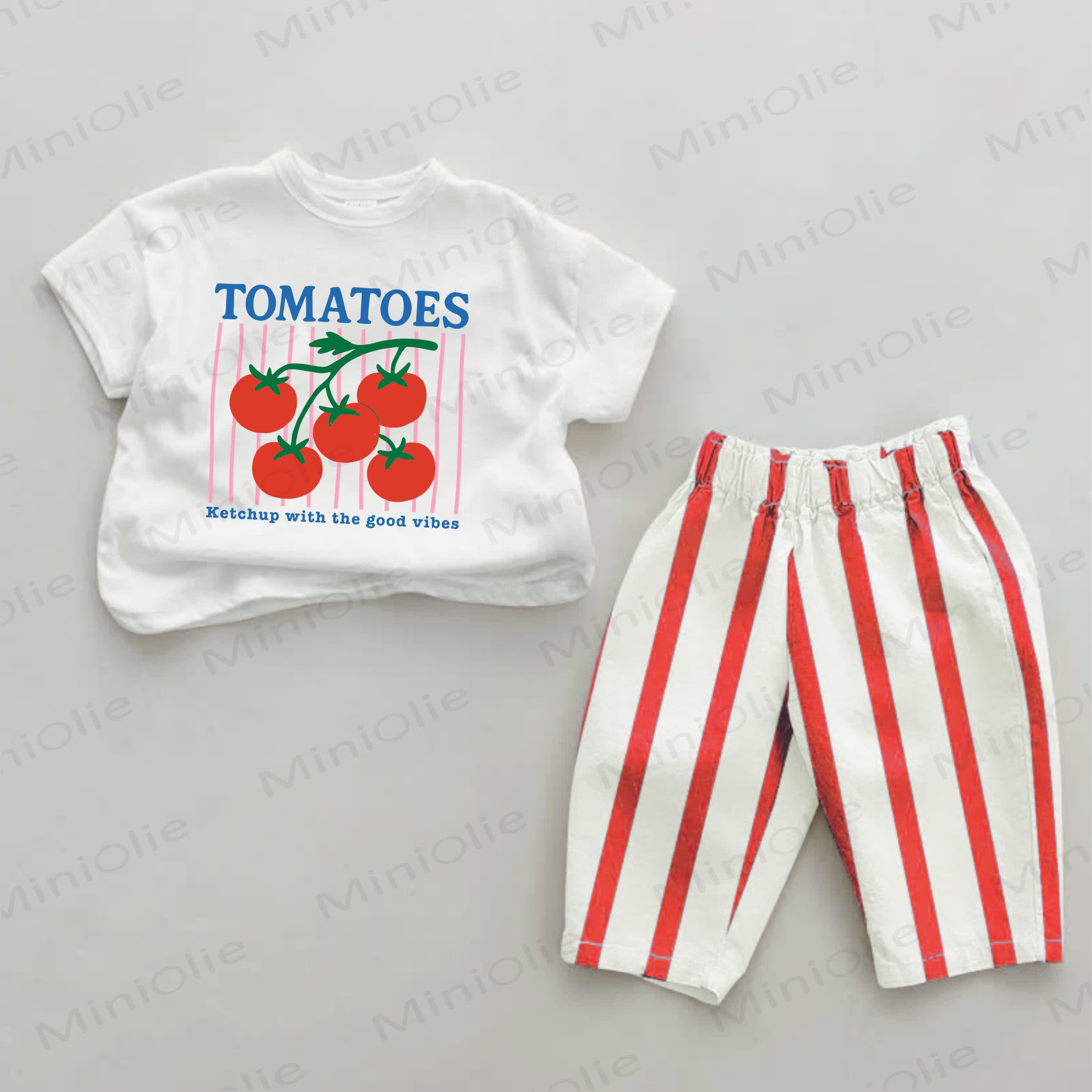 TOMATOES KETCHUP WITH THE GOOD VIBESベビートマト柄 レッドストライプ 2点セット - 白と赤 - 2～3歳 - image 1