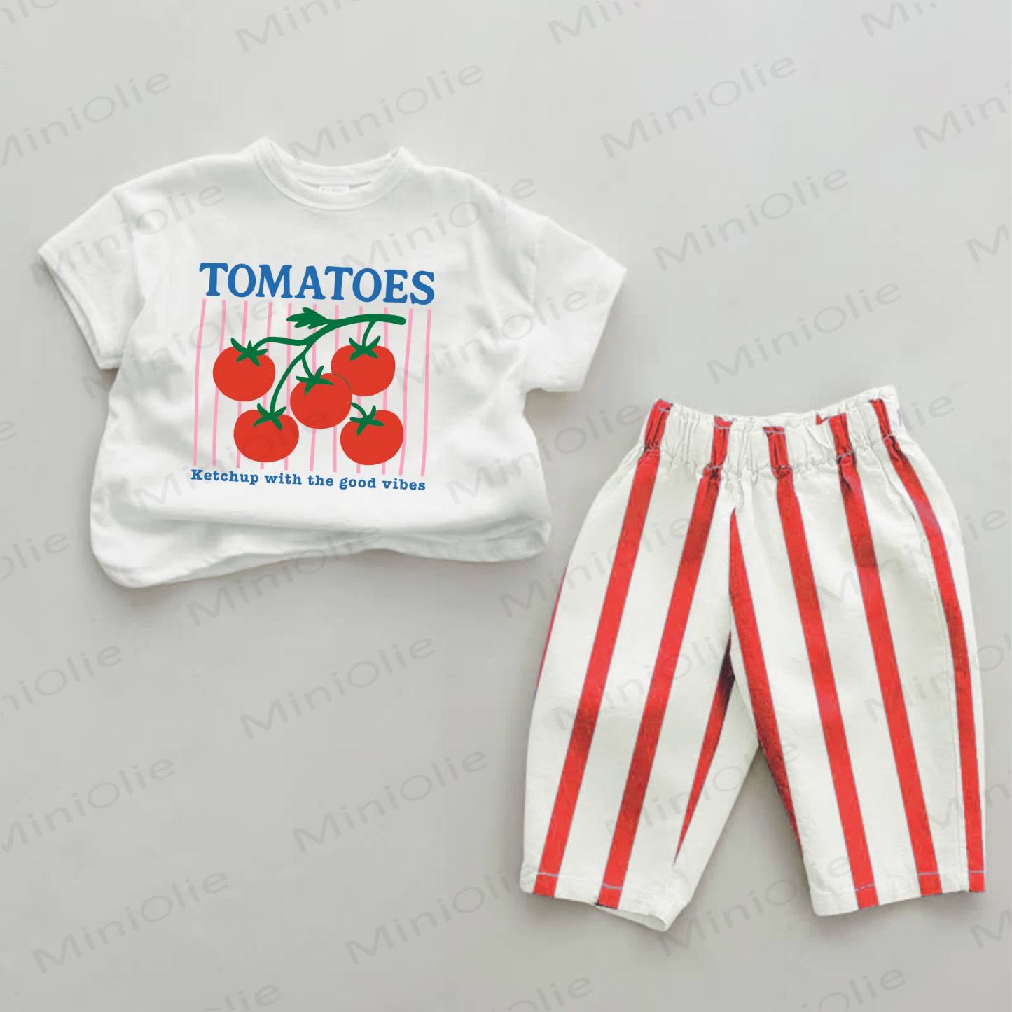 TOMATOES KETCHUP WITH THE GOOD VIBESベビートマト柄 レッドストライプ 2点セット - 白と赤 - 2～3歳 - image 1