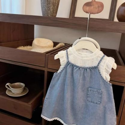 幼児用女の子向けフリル袖TシャツとデニムサスペンダーDressの2点セット - image 3