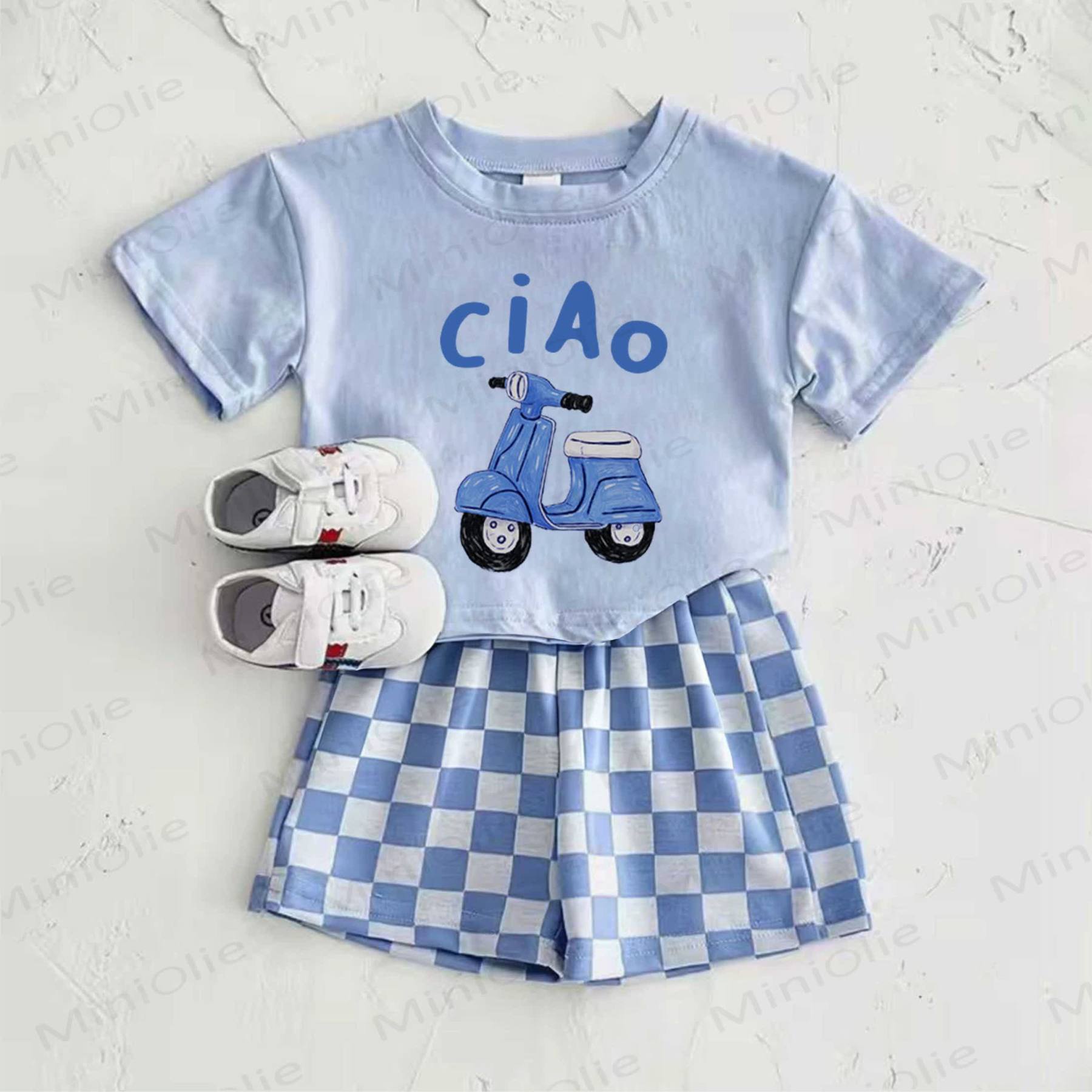CIAOベビーブルー電動自転車プリントTシャツとチェック柄パンツの2点セット - 青 - 2～3歳 - image 1