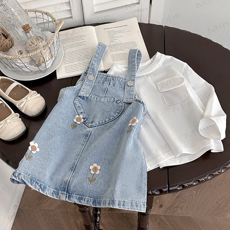 幼児用女の子用スウィートフラワーデニムサスペンダーDress - image 3