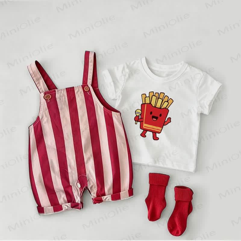 ベビーチップス柄の赤ストライプオーバーオールと白Tシャツのツーピースセット - 白と赤 - 2～3歳 - image 1