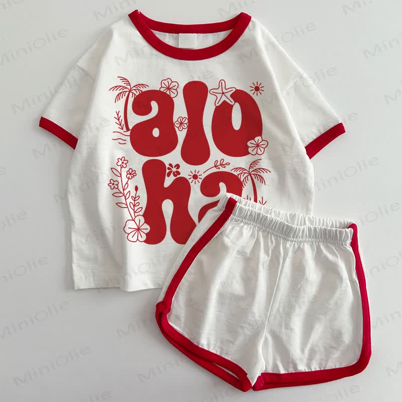 ALOHAベビーTシャツ＆ショートパンツ 2点セット - 白と赤 - 3～5歳 - image 1