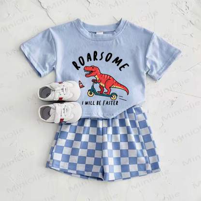 ROARSOME I WILL BE FASTER ベビーブルー恐竜プリントTシャツとチェック柄パンツのツーピースセット - 青 - 2～3歳 - image 1