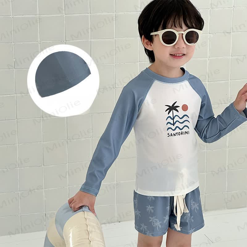 幼児男の子用日焼け防止ラッシュガード水着2点セット（スイムキャップ付き） - 緑 - 8-9T - image 3