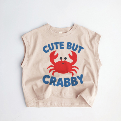CUTE BUT CRABBY赤ちゃん幼児向け笑顔のカニ柄カーキタンクトップ - カーキ - 3～5歳 - image 1