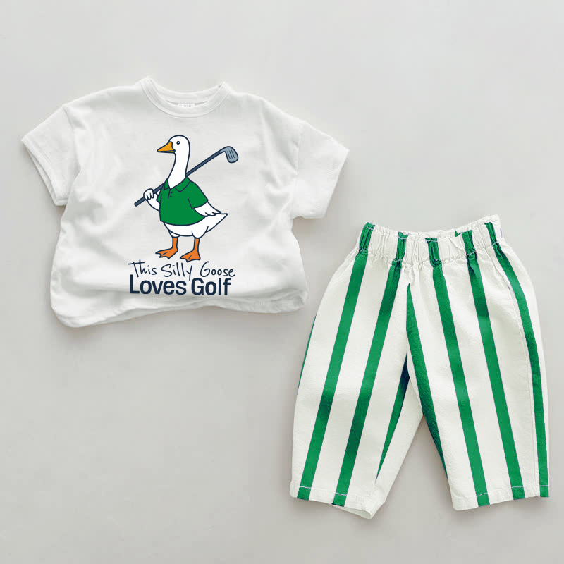 THIS SILLY GOOSE LOVES GOLF！ベビーグリーンの縦縞模様の2点セット - ホワイト＆グリーン - 2～3歳 - image 1