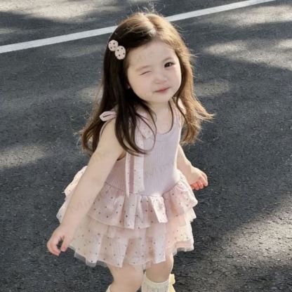 幼児用女の子向け水玉模様の段々チュールノースリーブDress - image 3