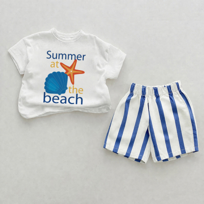 SUMMER夏　ベビーブルーの縦ストライプ柄ツーピースショーツセット - ホワイト＆ブルー - 2～3歳 - image 1
