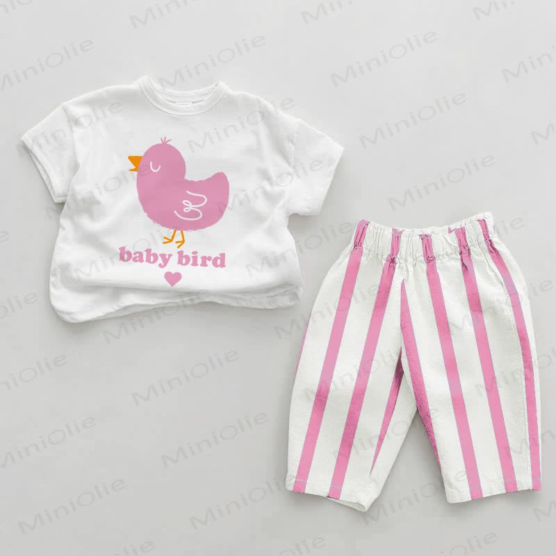 BABY BIRDベビーガールズ ひよこ柄 ピンク 縦ストライプ 2点セット - ホワイト＆ピンク - 2～3歳 - image 1