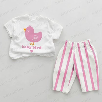 BABY BIRDベビーガールズ ひよこ柄 ピンク 縦ストライプ 2点セット - ホワイト＆ピンク - 2～3歳 - image 1