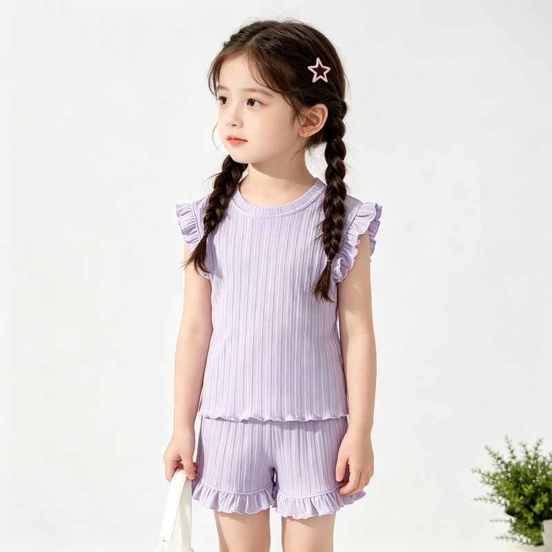 幼児用女の子向け無地リブ編みトップス＆ショートパンツ ノースリーブ ツーピースセット - 紫 - 8-9T - image 4