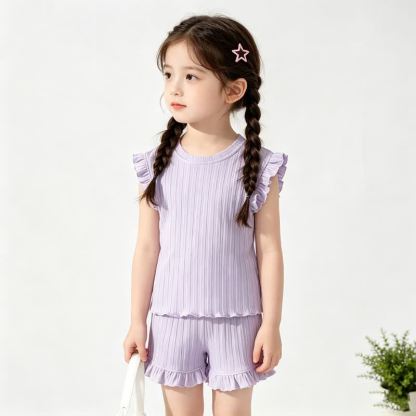 幼児用女の子向け無地リブ編みトップス＆ショートパンツ ノースリーブ ツーピースセット - 紫 - 8-9T - image 4