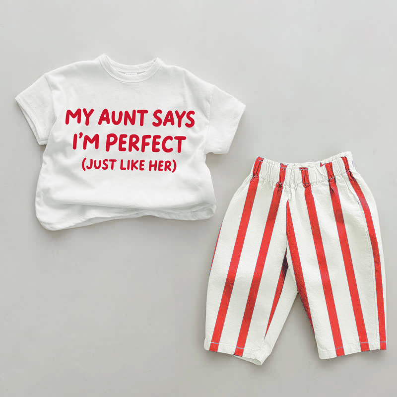 MY AUNT SAYS I'M PERFECT（まるで叔母みたいに） ベビー・幼児用 赤 縦縞 2点セット - 白と赤 - 4～5歳 - image 1