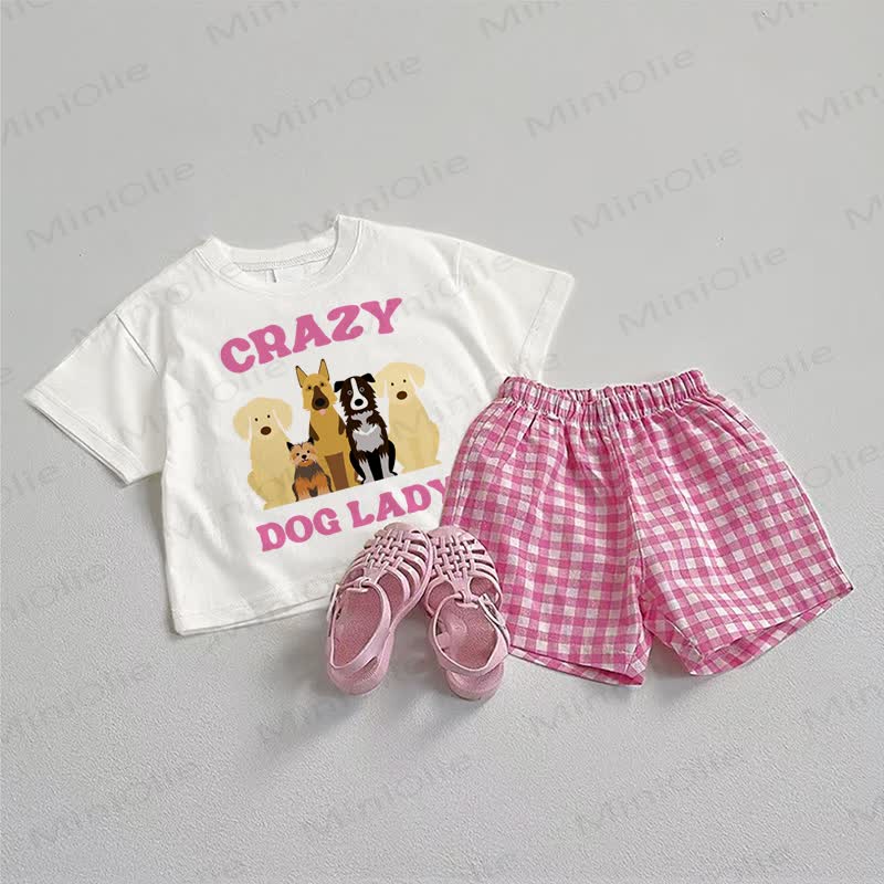 CRAZY DOG LADYTシャツとチェック柄ショートパンツのツーピースセット - ホワイト＆ピンク - 3～5歳 - image 1