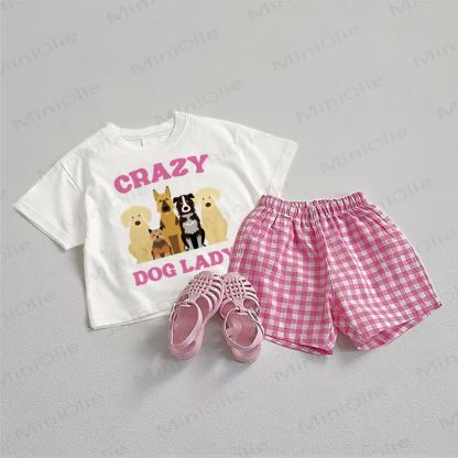 CRAZY DOG LADYTシャツとチェック柄ショートパンツのツーピースセット - ホワイト＆ピンク - 3～5歳 - image 1