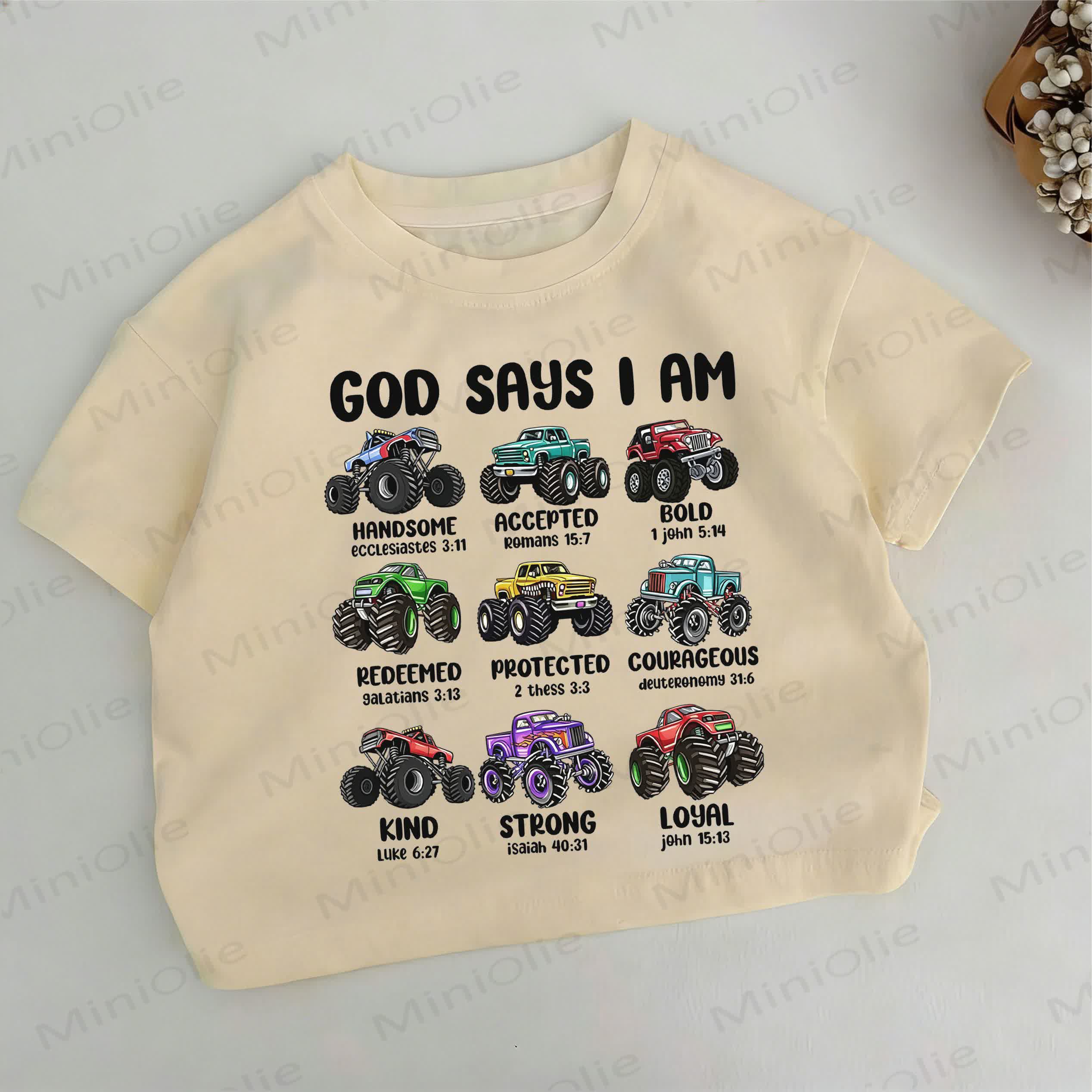 GOD SAYS I AM幼児男の子用乗り物カーキTシャツ - カーキ - 6～7歳 - image 1