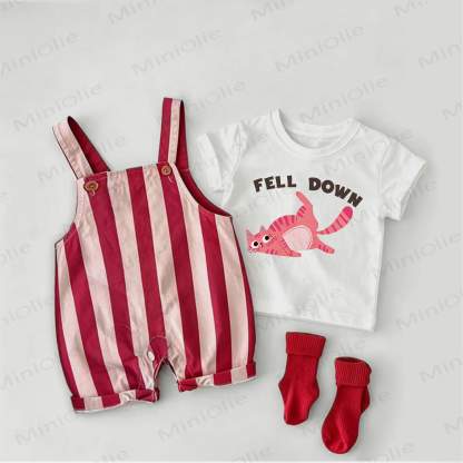 FELL DOWN ベビーキャットプリント レッドストライプ オーバーオール＆ホワイトTシャツ 2点セット - 白と赤 - 2～3歳 - image 1