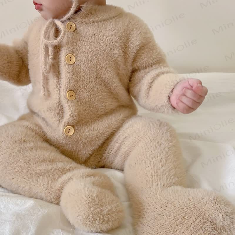 ベビー用フリース素材のクマ耳付き足つきロンパース（帽子付き） - image 7