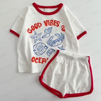 GOOD VIBES & OCEAN TIDESベビーTシャツ＆ショートパンツ 2点セット - 白と赤 - 3～5歳 - image 1