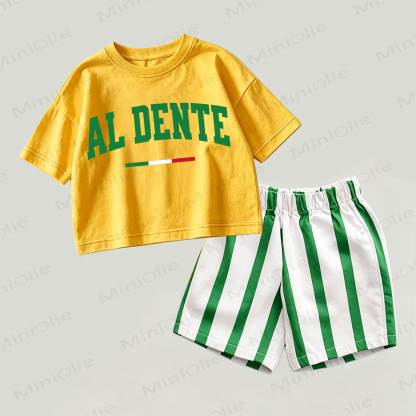 AL DENTEベビー用 イエロー＆グリーン トップスとストライプ ショートパンツ 2点セット - 黄色と緑 - 2～3歳 - image 1
