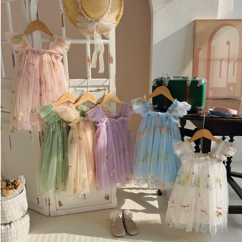 幼児用女の子用フラワーメッシュフライングスリーブDress - image 2