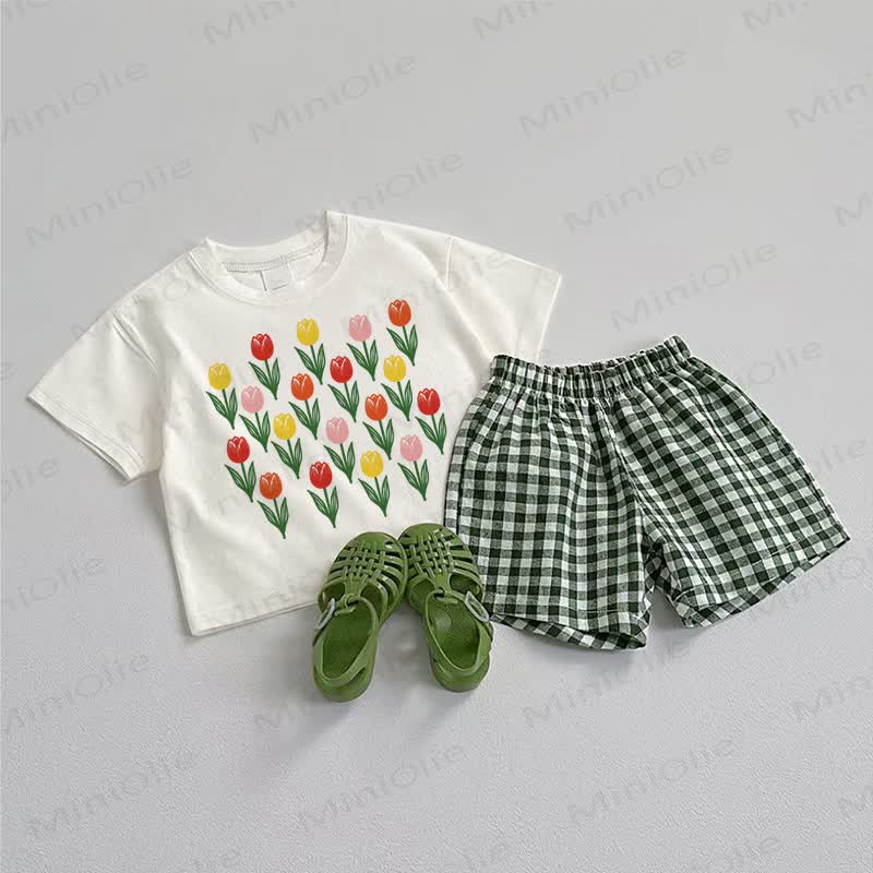 ベビーチューリップTシャツとチェック柄ショートパンツのツーピースセット - ホワイト＆グリーン - 3～5歳 - image 1
