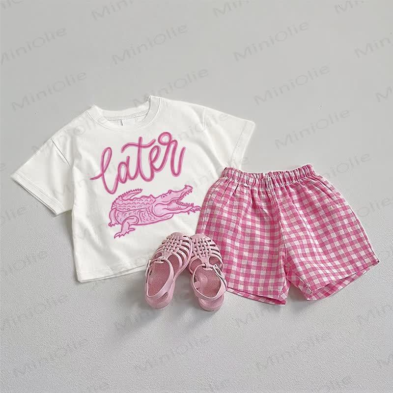 LATERベビークロコダイルTシャツとチェック柄ショートパンツの2点セット - ホワイト＆ピンク - 3～5歳 - image 1