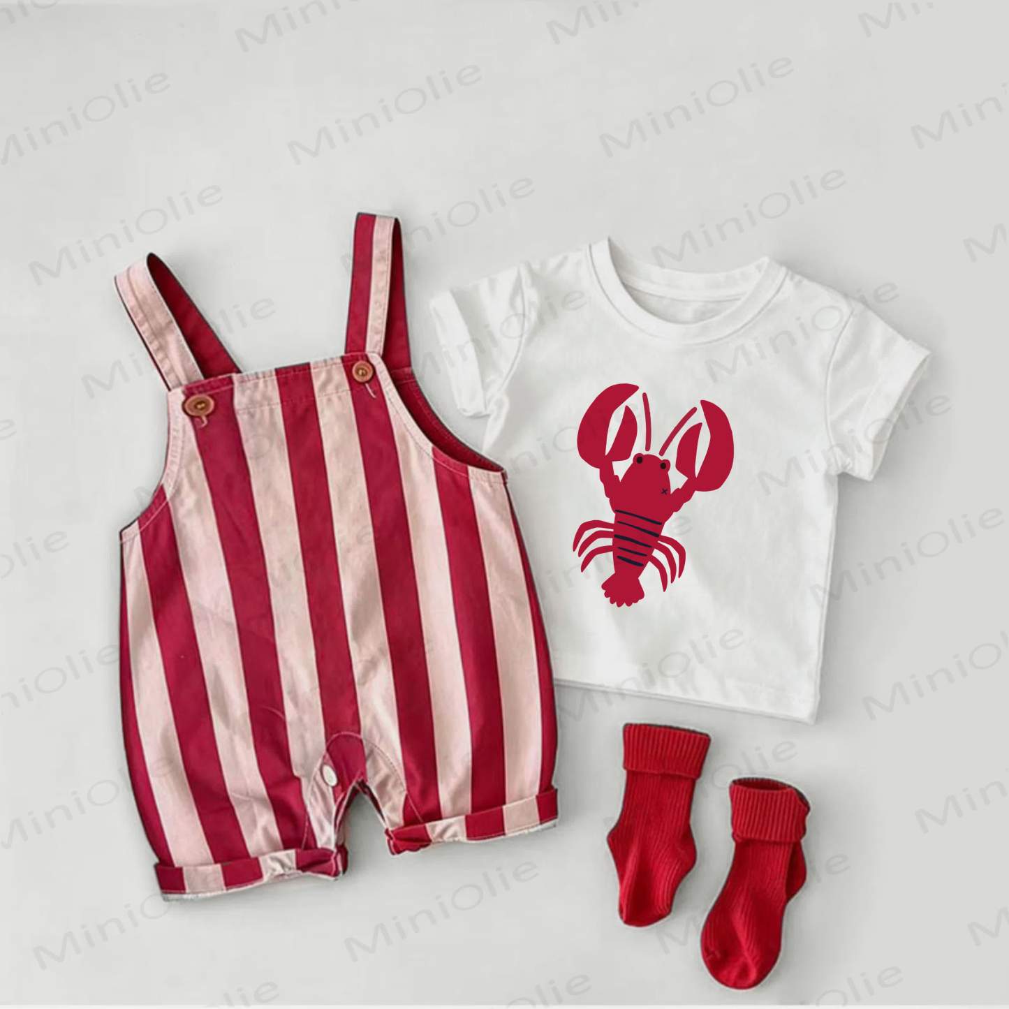 ベビーロブスター レッドストライプオーバーオールとホワイトTシャツのツーピースセット - 白と赤 - 2～3歳 - image 1