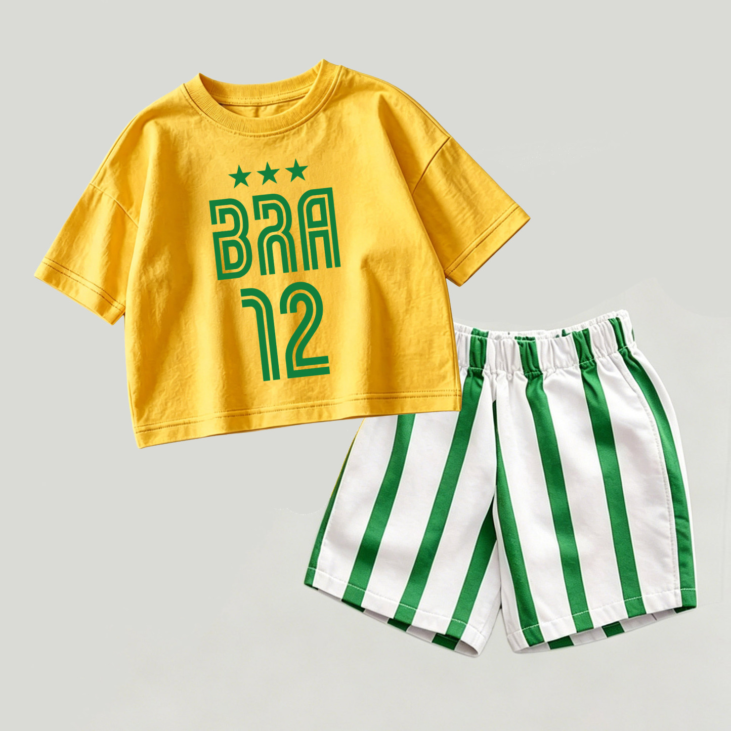 BRA 12ベビー イエロー＆グリーン フットボール トップとストライプ ショーツ 2点セット - 黄色と緑 - 2～3歳 - image 1