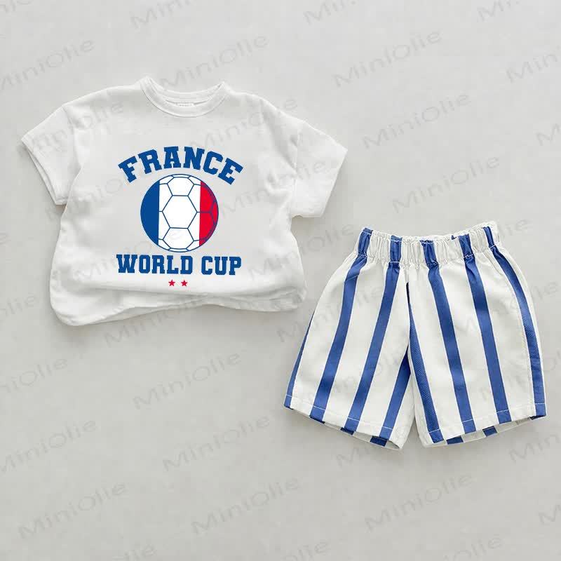  FRANCEWORLDカップ ベビー用サッカープリント ブルー 縦ストライプ ツーピースショーツセット - ホワイト＆ブルー - 2～3歳 - image 1