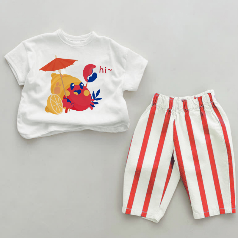 HI～ベビーレッドクラブ縦縞2点セット - 白と赤 - 2～3歳 - image 1