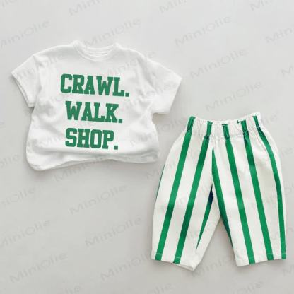 CRAWL. WALK. SHOP.ベビーグリーンの縦縞模様のツーピースセット - ホワイト＆グリーン - 2～3歳 - image 1