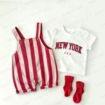 NEW YORKベビー スローガン入り レッドストライプ オーバーオール＆ホワイトTシャツ 2点セット - 白と赤 - 2～3歳 - image 1