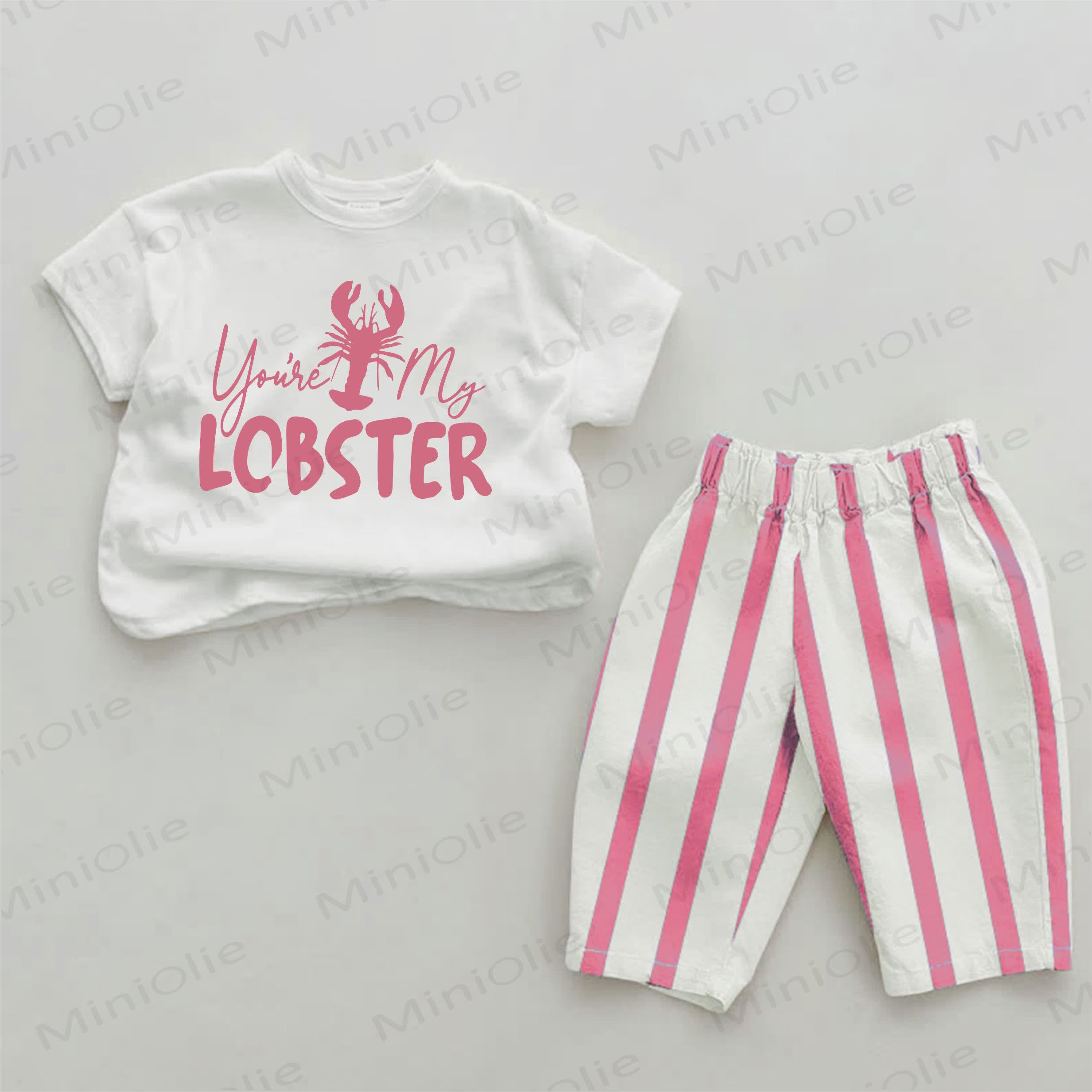 YOU'RE MY LOBSTERベビーロブスタープリント ピンク縦ストライプ 2点セット - ホワイト＆ピンク - 2～3歳 - image 1