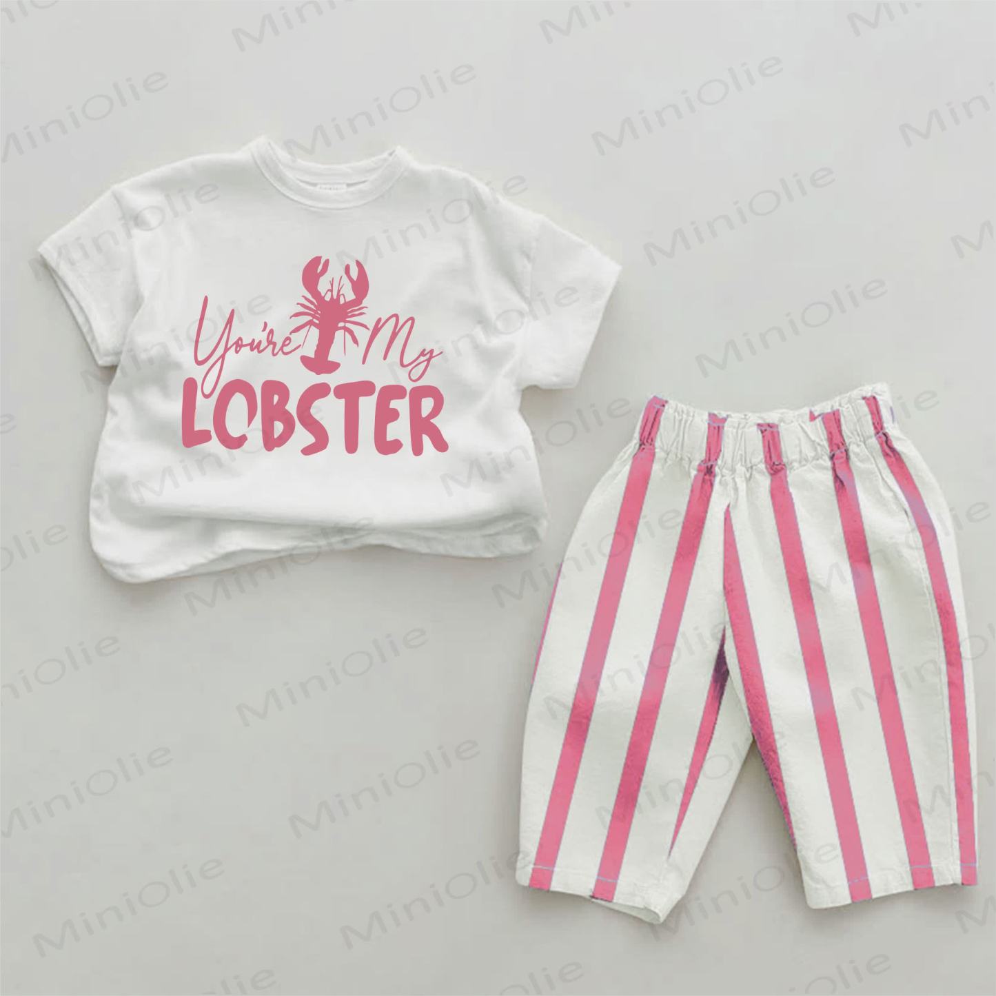 YOU'RE MY LOBSTERベビーロブスタープリント ピンク縦ストライプ 2点セット - ホワイト＆ピンク - 2～3歳 - image 1