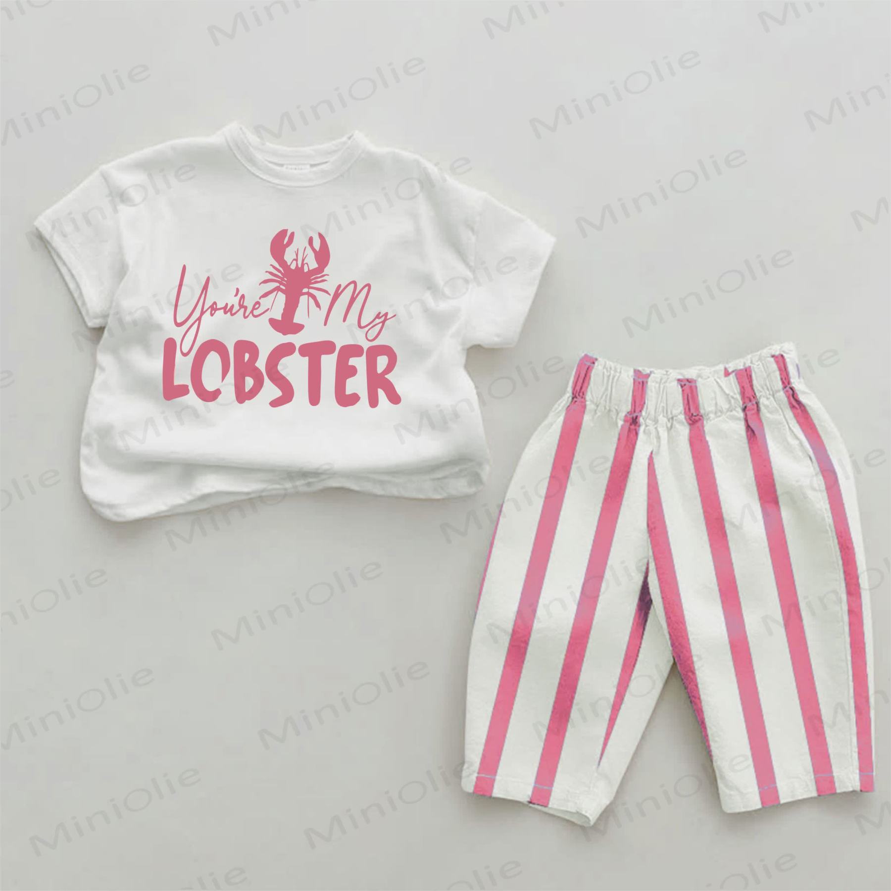 YOU'RE MY LOBSTERベビーロブスタープリント ピンク縦ストライプ 2点セット - ホワイト＆ピンク - 2～3歳 - image 1